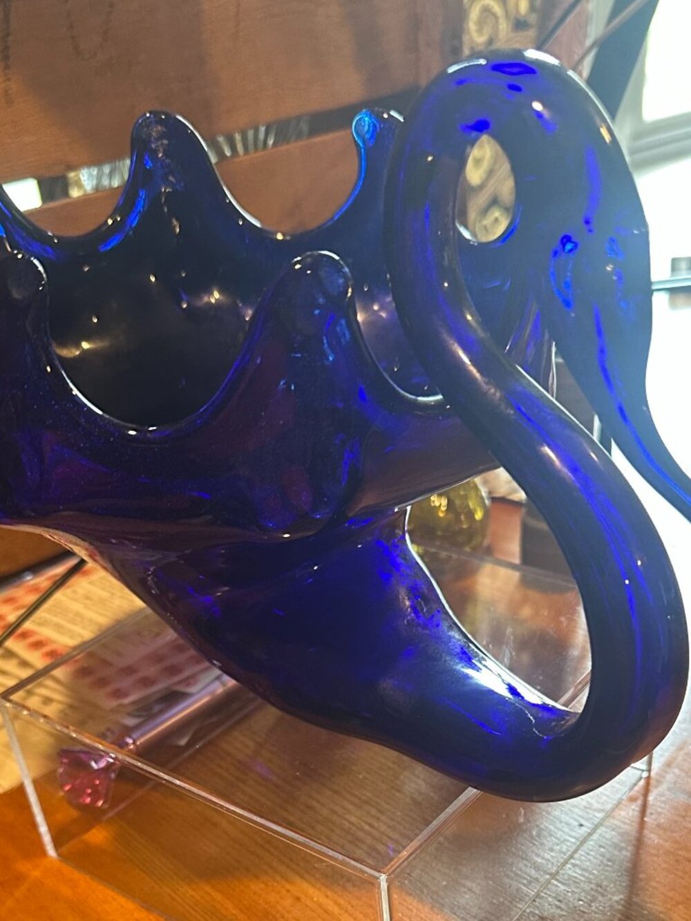 Vintage, hand-blown cobalt blue art glass swan bowl